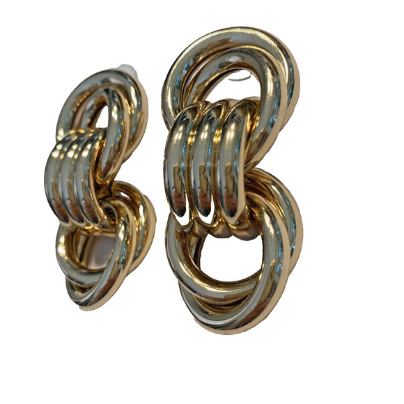 Vintage 1980’s Pierced Earrings Statement Runway Gold Chunky Tubular Chains - Picture 9 of 10